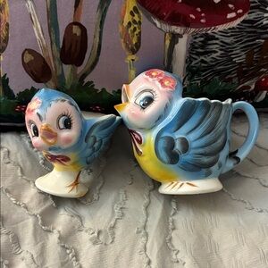 Vintage Geo Lefton Whimsical Blue and Yellow Bird Figurine Set